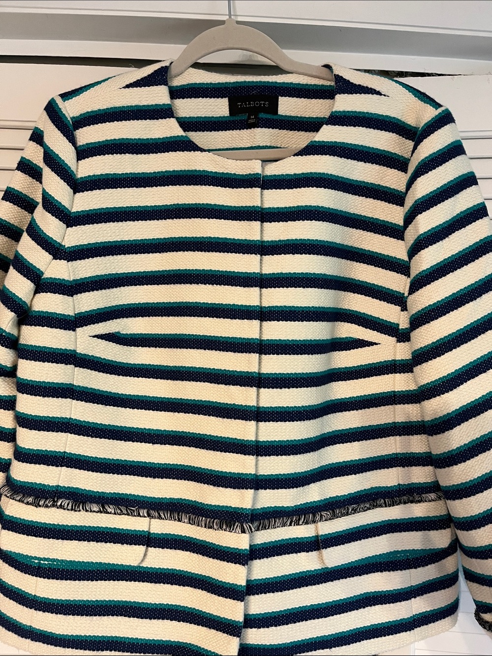 Talbots Cream, Navy & Teal Striped Collarless Jacket